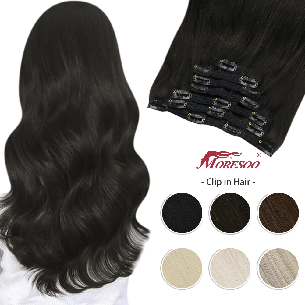 Moresoo Human Hair Clip in Extension 7Pcs Machine Remy Hairpiece for Women Pure Color Full Head Natural Hair Extensions Clips