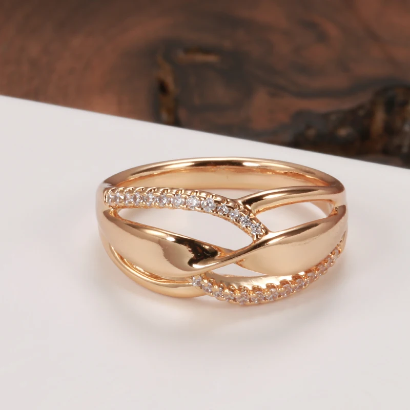 Fashion Twist Double Zircon Women Rings 585 Gold Color Trendy Party Accessories Modern Wedding Jewelry Hypoallergenic wedding rings gold plated rings gold rings golden ring