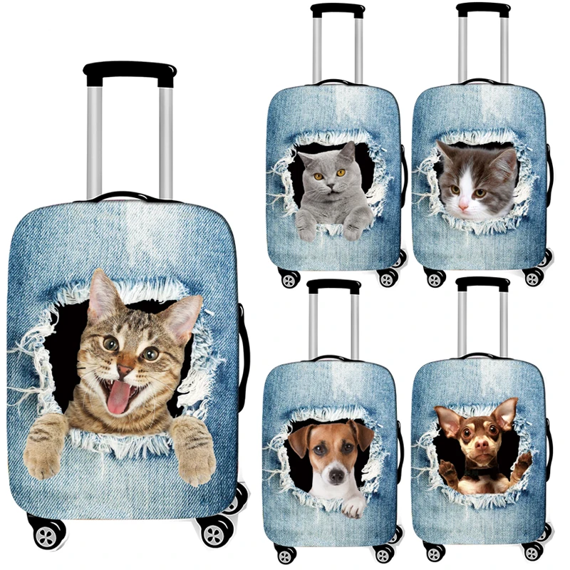 Cute Cat/Dog In The Hole Print Luggage Cover for Travel Baggage Cover Elastic Suitcase