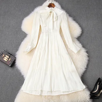

[EWQ] 2020 Spring Summer New Arrivals A-line Bow Neck Empire Waist Solid Lantern Sleeve Women Casual Knee-length Dress AW10612S