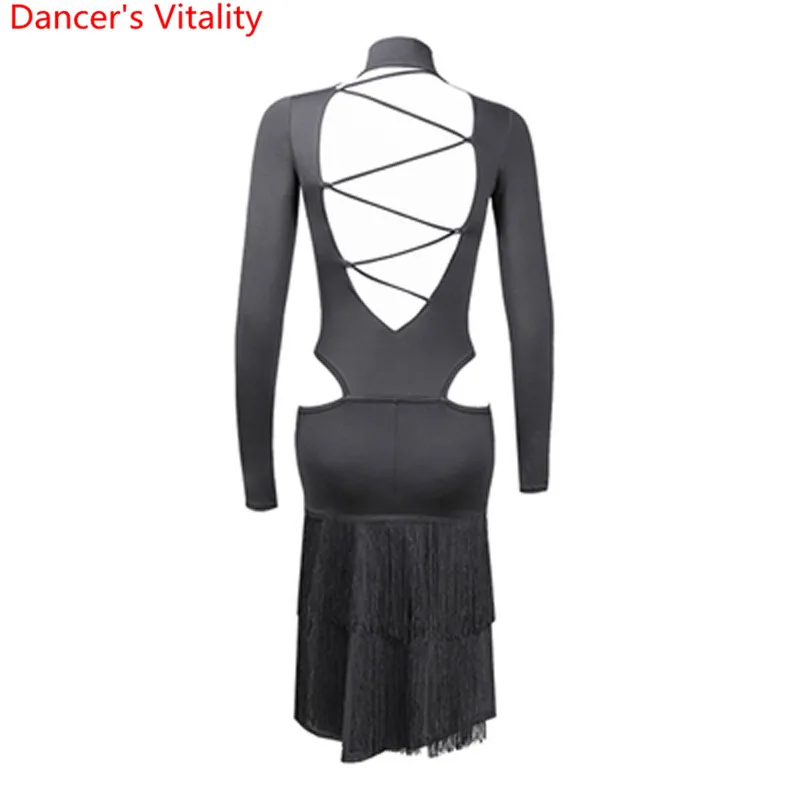 Latin Dance Training Clothes Autumn New Tassel Backless Dress with Chest Pad Women Rumba Samba Tango Dancing Performance Costume