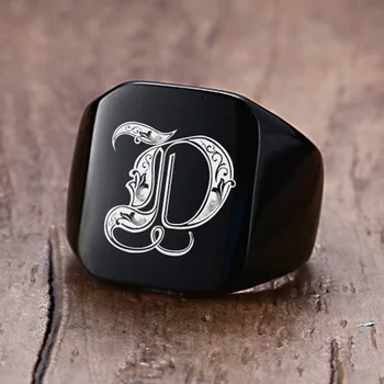 

Vnox 18mm Chunky Signet Ring for Men Black Stainless Steel Engraved Royal Initialen Latter Initial Stamp Ring Custom Jewelry