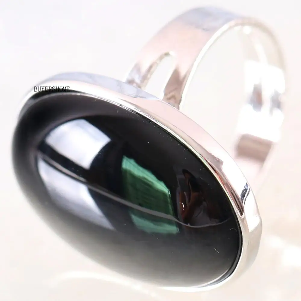 

1Pcs Ring Silver Color Jewelry For Women Gift Natural Stone Oval Bead Black Onyx Adjustable Finger Ring Z126