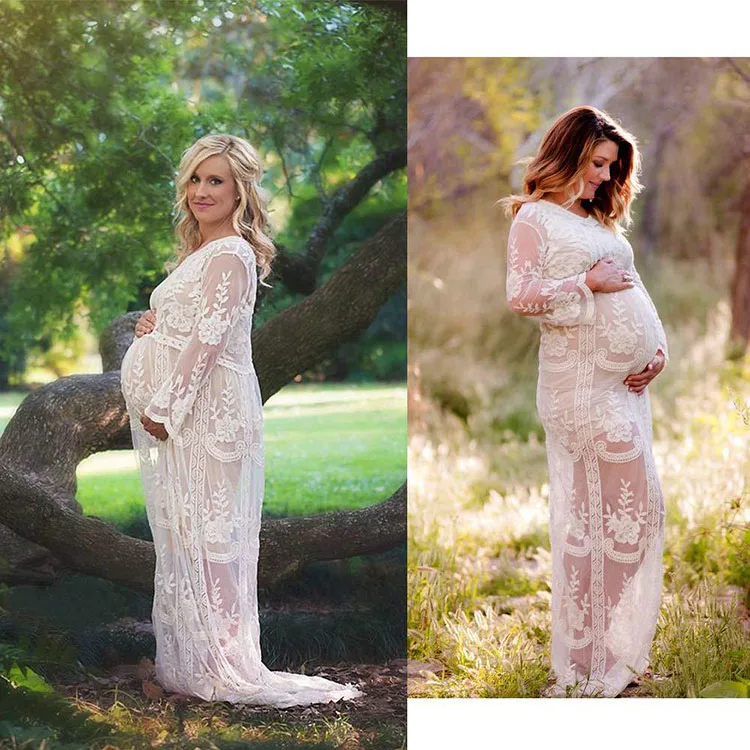 Белое кружевное платье для беременных для фотосессии с длинным рукавом для будущих мам Макси платье для беременных женщин нарядное платье Одежда для беременных