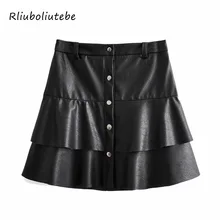 Сексуальные мини-юбки из искусственной кожи с оборками, женские юбки с пуговицами на осень и зиму, черные юбки с высокой талией, уличная одежда, юбки трапециевидной формы для скейтеров
