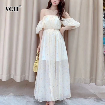 

VGH Elegant Summer Party Dress Women Slash Neck Lantern Short Sleeve High Waist Patchwork Mesh Dresses Female Fashion 2020 Tide