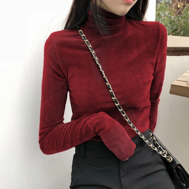Women T-Shirt  Soft Fleece Velvet Turtleneck Shirt Solid Long Sleeve Autumn Fitness Vintage Girls Bottom Tops Women Clothing wine red