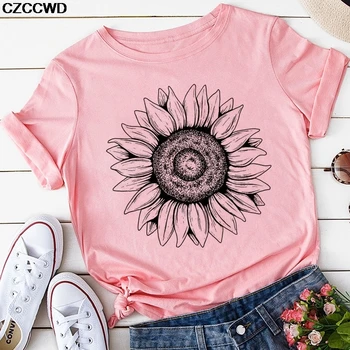 

Elegant Sunflower Print Vogue T Shirt Women Summer Casual Tshirts Harajuku Korean Graphic Tops Kawaii Loose Pink Female T-shirt