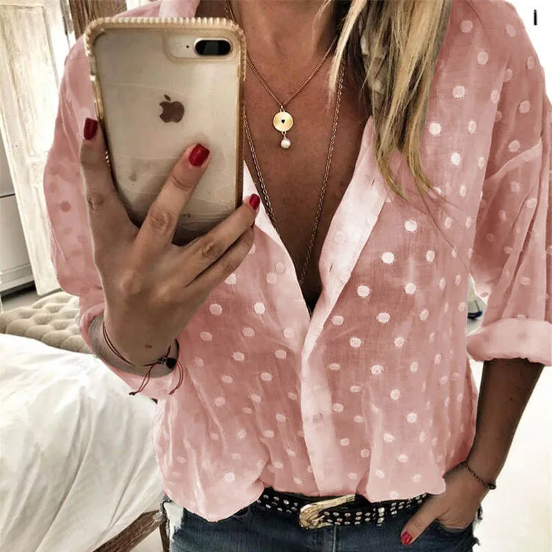 Офисная женская шифоновая рубашка в горошек с бисером, Женская Сексуальная Блузка с прозрачной сеточкой, рубашка, элегантная рубашка с пуговицами и отложным воротником, блузы, топы - Цвет: 02 Pink