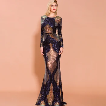 

QueenAbby Evening Dress Long Dress 2020 Women Sexy Scoop Neck Long Sleeve Multi Backless Sequin Zipper-up Dress Vestido De