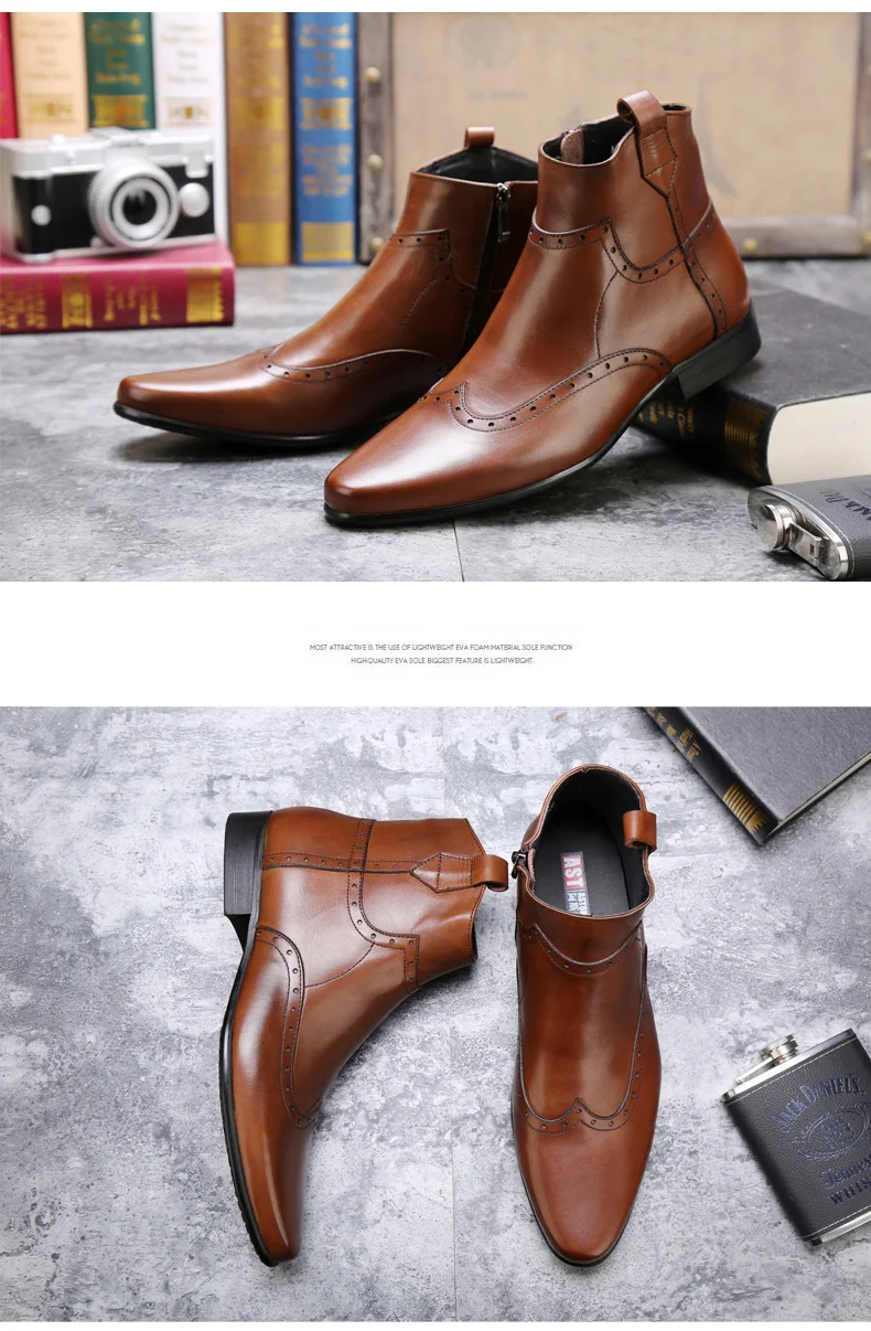 Men's Motorcycle Boot Round Toe Genuine Leather Winter Boots Men Black Men Shoes Winter Leather Desert Ankle Boot Big Size 11 46 (6)