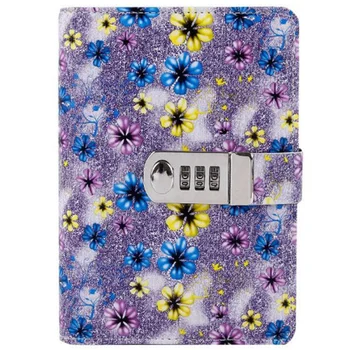 

A6 Diary Book with Lock PU Leather Flower Notebook Computer Learning Supplies Lockable Password Writing