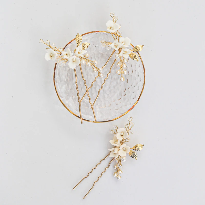 3pcs hair pin Нежная глина цветок свадебные заколки для волос ручной работы Романтические свадебные украшения для волос невесты головной убор золотое украшение на голову в форме листа для подружки невесты - Окраска металла: 3pcs hair pin