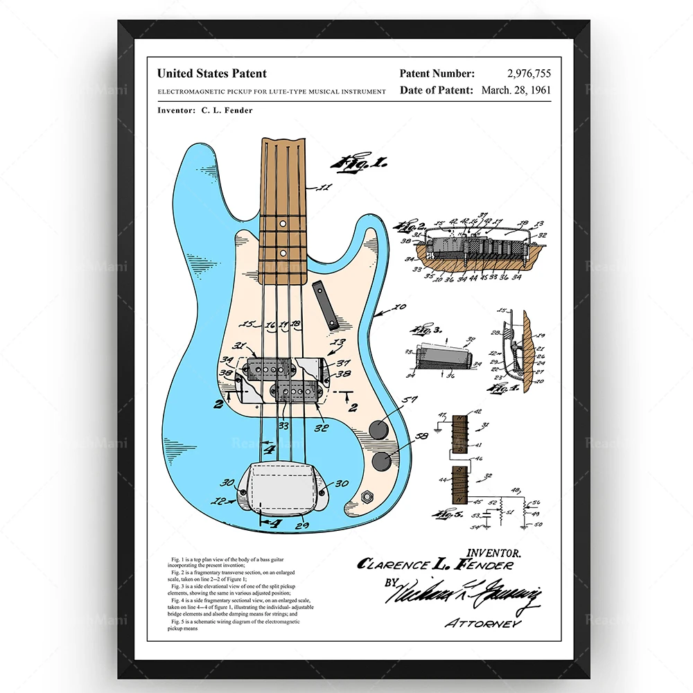 Brevet pour basse de précision, guitare à garde boue, affiche murale, décor  de chambre, impression vintage, plan, idée cadeau de musicien, décorations  musicales Sans cadre?40x40cm