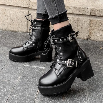 

Gigifox On Sale Platform Ankle Boots Women Shoes Thick Heels Zip Chunky Heels Buckle Decoration Work Boots Ladies