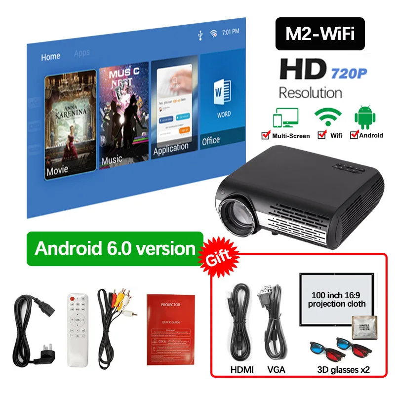 Real tv M2 серия Full HD 1080P светодиодный проектор домашний мультимедийный проектор на выбор Android WiFi HDMI USB AV видео Bluetooth Proyector с подарком - Цвет: M2W