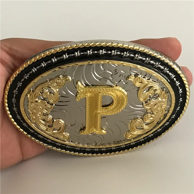 

Retail New Style High Quality Golden P Initial Letter Belt Buckle for Men Oval Metal Buckles Belt Accessories For 4cm Wide belt