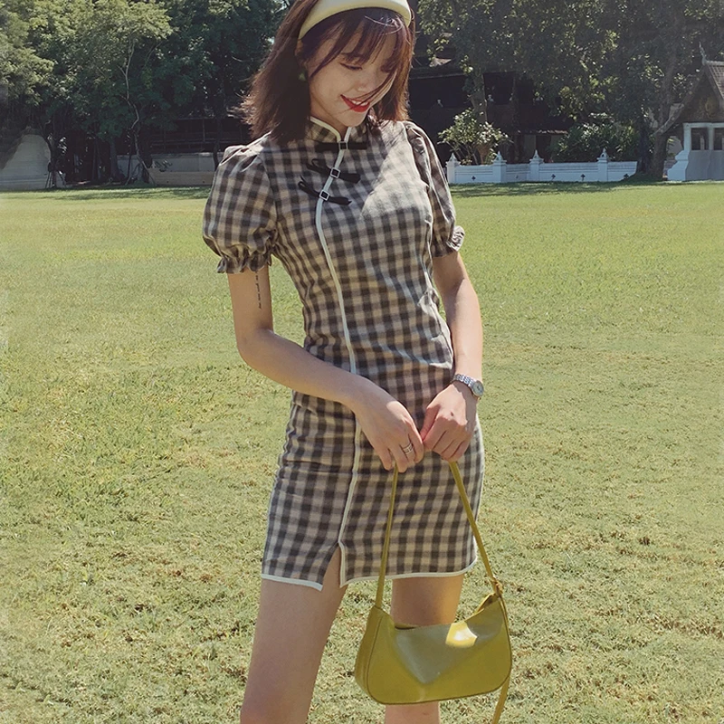 Women Puff Sleeve Mandarin Collar Plaid Mini Dress | Женская одежда