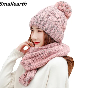 

2019 Winter Women Knitted Hat Scarf Sets Plus Velvet Thick Hats Female Warm Hat Long Scarf Set Girls Windproof Snow Cap Beanies