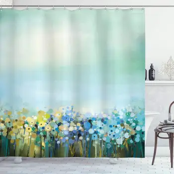 

Flower Shower Curtain, Aqua Impressionist Depiction of a Field Paint with Blooms Tranquil Concept Print, Cloth Fabric Bathroom