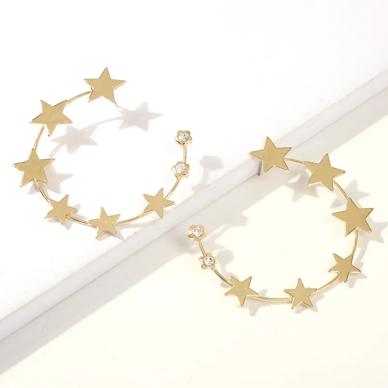 Золотые серьги-кольца со звездами для женщин, модные большие круглые серьги пентаграмма со стразами в стиле панк, большие ювелирные изделия E6732