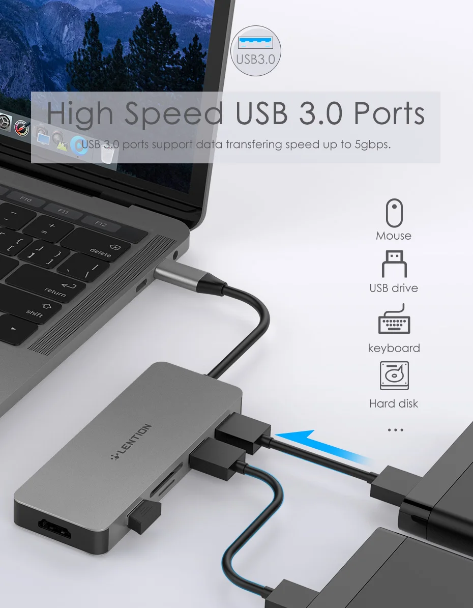 USB C концентратор с 4K HDMI, 3 USB 3,0, SD/TF карт ридеры для MacBook Pro 13/15, Mac Air, Surface Book 2/Go, Chromebook