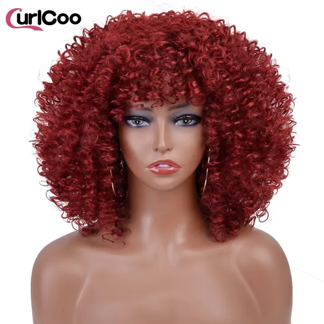 Short Afro Kinky Curly Wigs With Bangs For Black Women Synthetic Ombre Natural Heat Resistant Hair Brown Cosplay Highlight Wigs Bug