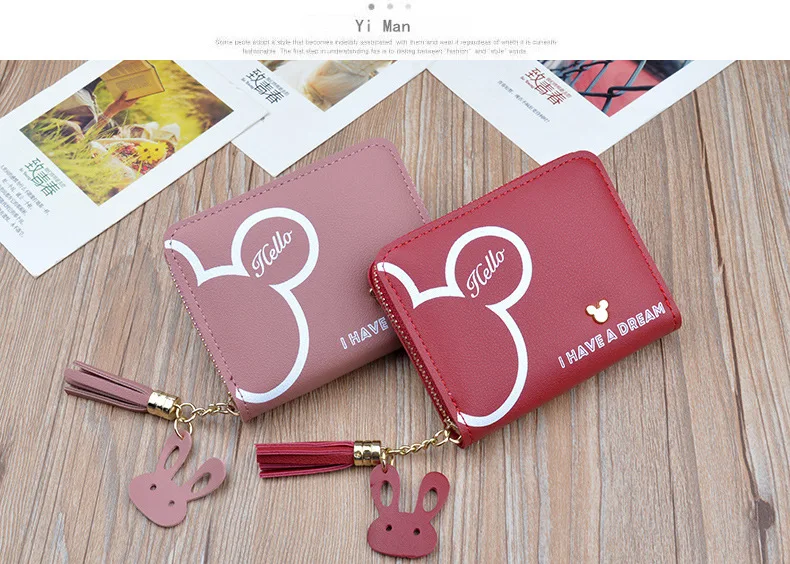 Disney Mickey mouse Small wallet lady short zipper tassel key coin purse student small mini wallet Minnie card holder Clutch