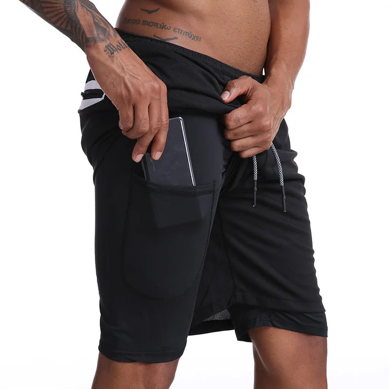Мужские шорты для бега 2 в 1 со скрытыми карманами, быстросохнущие спортивные шорты с карманами на молнии - Цвет: black
