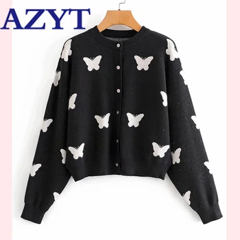 

AZYT O Neck Knitted Female Cardigan Jacket 2020 Autumn New Butterfly Print Cardigan Sweater Coat Casual Knitwear Tops Female