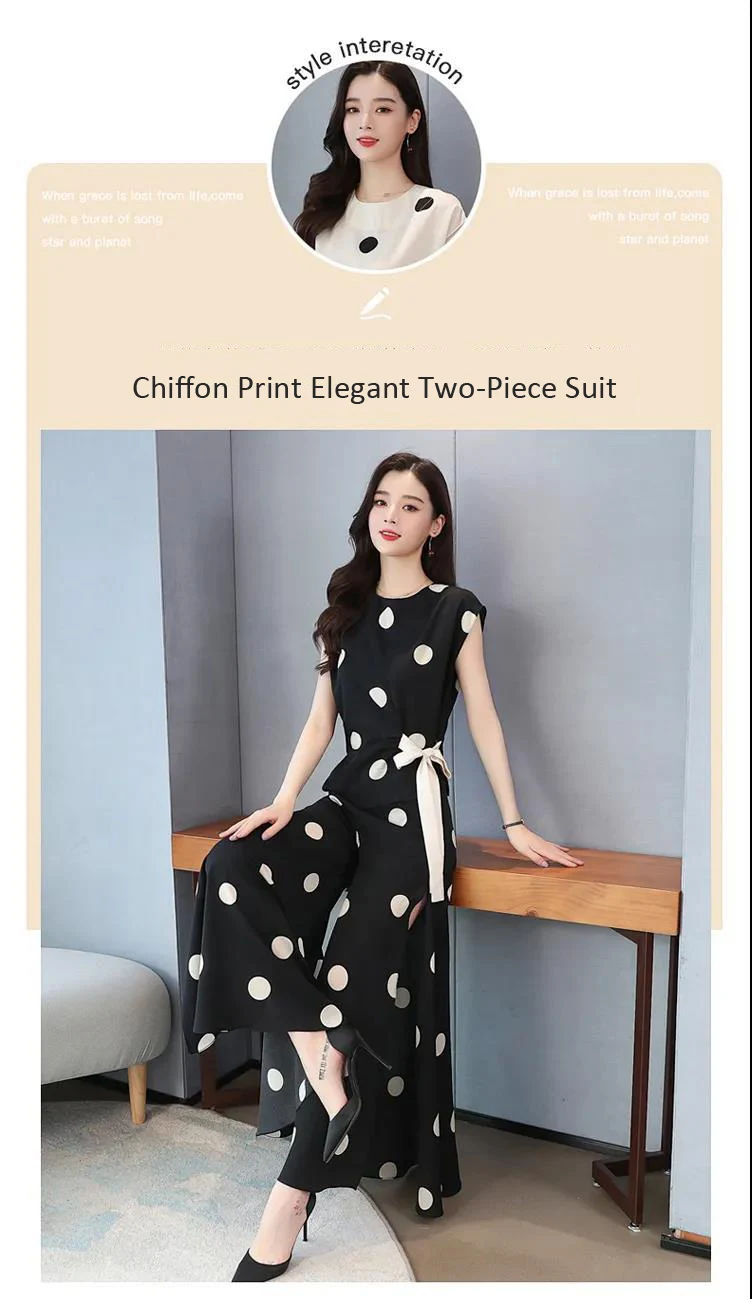 Chiffon Wide-Leg Trouser Suit For Women Summer Chic Elegant Polka Dot Print Ivory Blouse + Pants Culottes Two-Piece Set Slimming tie dye tracksuit set