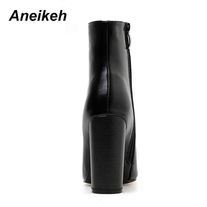 Aneikeh, экокожа(полиуретан), Для женщин сапоги на высоком квадратном каблуке, с застежкой-молнией однотонная обувь с острым носком вечерние танцевальные ботильоны черного цвета Размеры 35–42