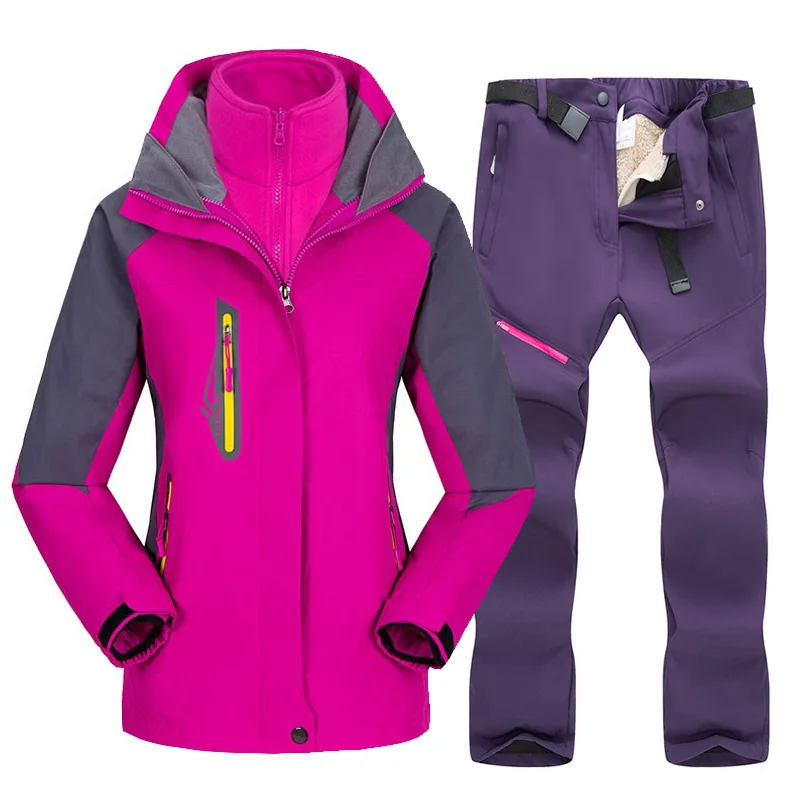 Rose red Purple 30 градусов зимний лыжный костюм для женщин теплые зимние лыжные куртки комплекты для спорта на открытом воздухе водонепроницаемый ветрозащитный лыжный сноуборд куртки и брюки - Цвет: Rose red Purple