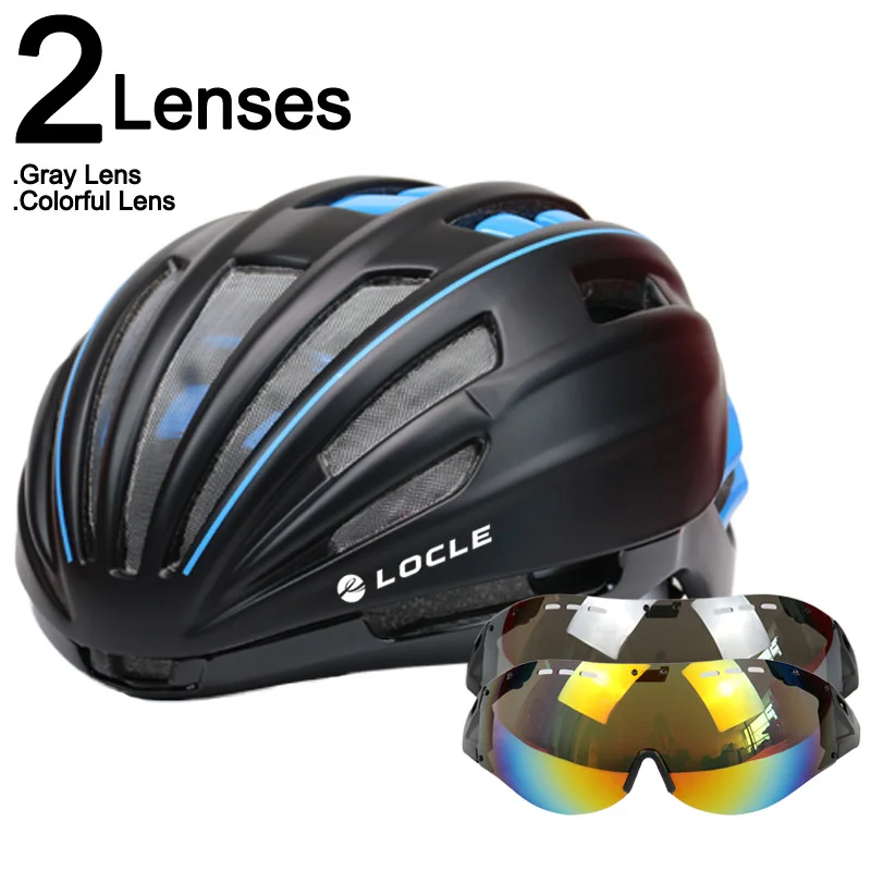 LOCLE Goggles велосипедный шлем двухслойный дорожный горный велосипедный шлем с линзой ультралегкий Casco Ciclismo велосипедный шлем 55-61 см - Цвет: Black Blue 2 Lenses