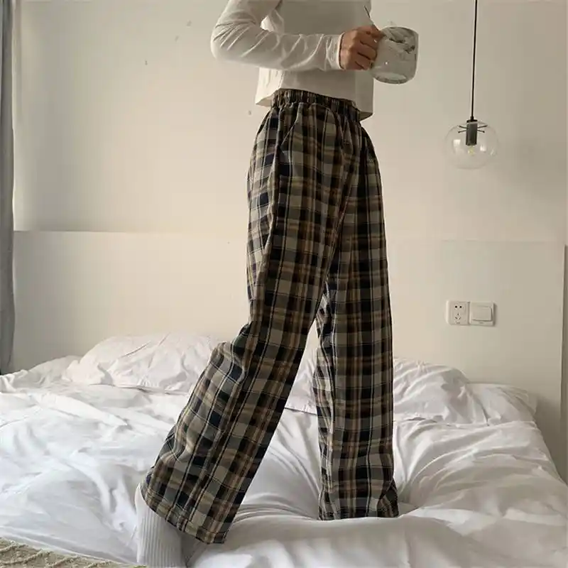 High waisted plaid pants wide leg Clearance