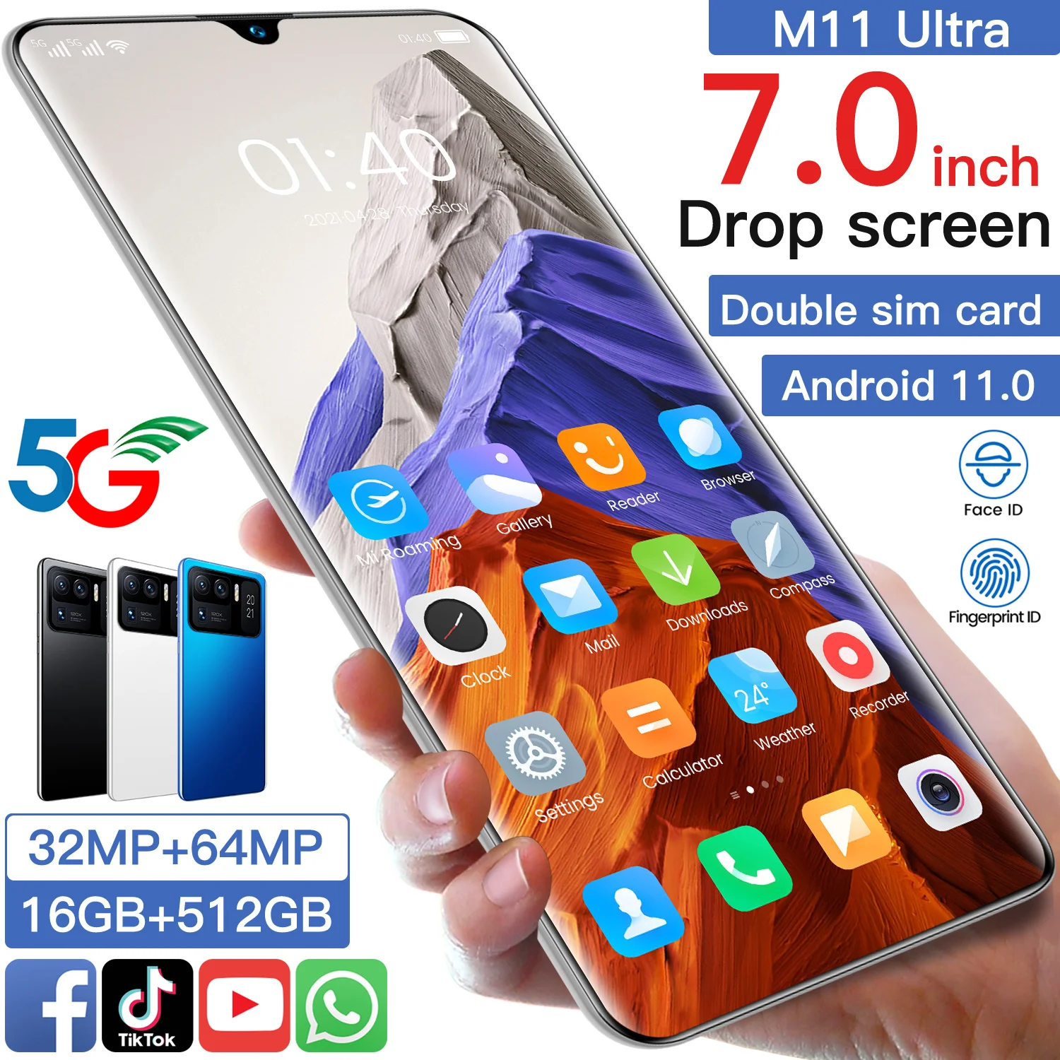 Xiao M11 Ultra Global Version Smartphone 5G Front Camera 32MP+ Rear Camera 64MP 7.0Inch Drop Screen 16G+512G Mobile Phone