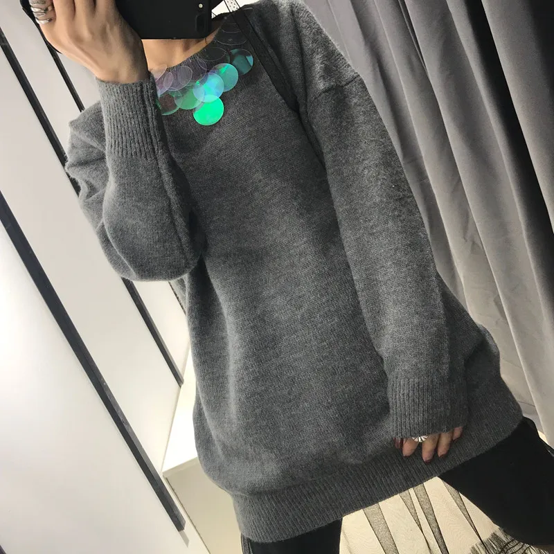 Women Sweaters And Pullovers Real Lazy Wind Sweater 2019 New Female Sequined Collar Loose Wild Round Neck Pullover Knit | Женская одежда