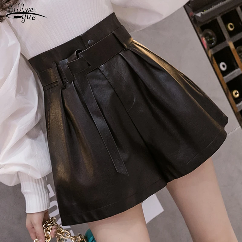 american eagle shorts 2021 New Autumn Winter Black PU Faux Leather Women Shorts Sashes High Waist Wide Leg Shorts Elegant Female Solid Trousers 12242 swimming shorts