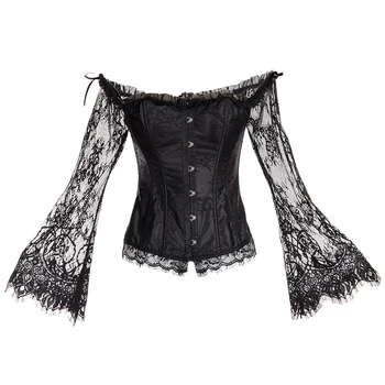 

Gothic Lace Corset Shaper Top Bridal Off Shoulder Long Flare Sleeves Elegant Victorian Costume Bustier Retro Royal For Women