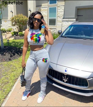 

Tsuretobe Streetwear 2 Piece Set Women Crop Top Stacked Leggings Lip Print Clothes For Women Sexy Outfits Casual Tracksuit Women