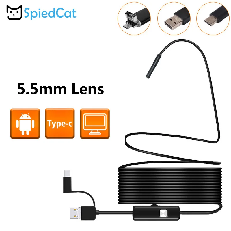 3in1 5.5mm Lens Android Typec-C/USB Windows Endoscope Camera 6Led Lighting 5M soft Cable Snake Inspection Borescope Pipe Tube |