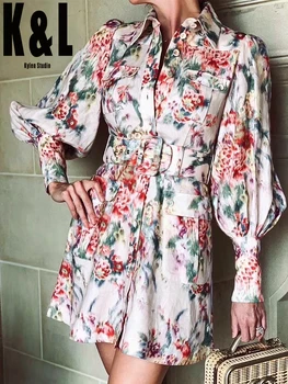 

K&L vintage printed belt high-end custom shirt skirt 2020 autumn new long-sleeved cotton and linen lantern sleeve dress women