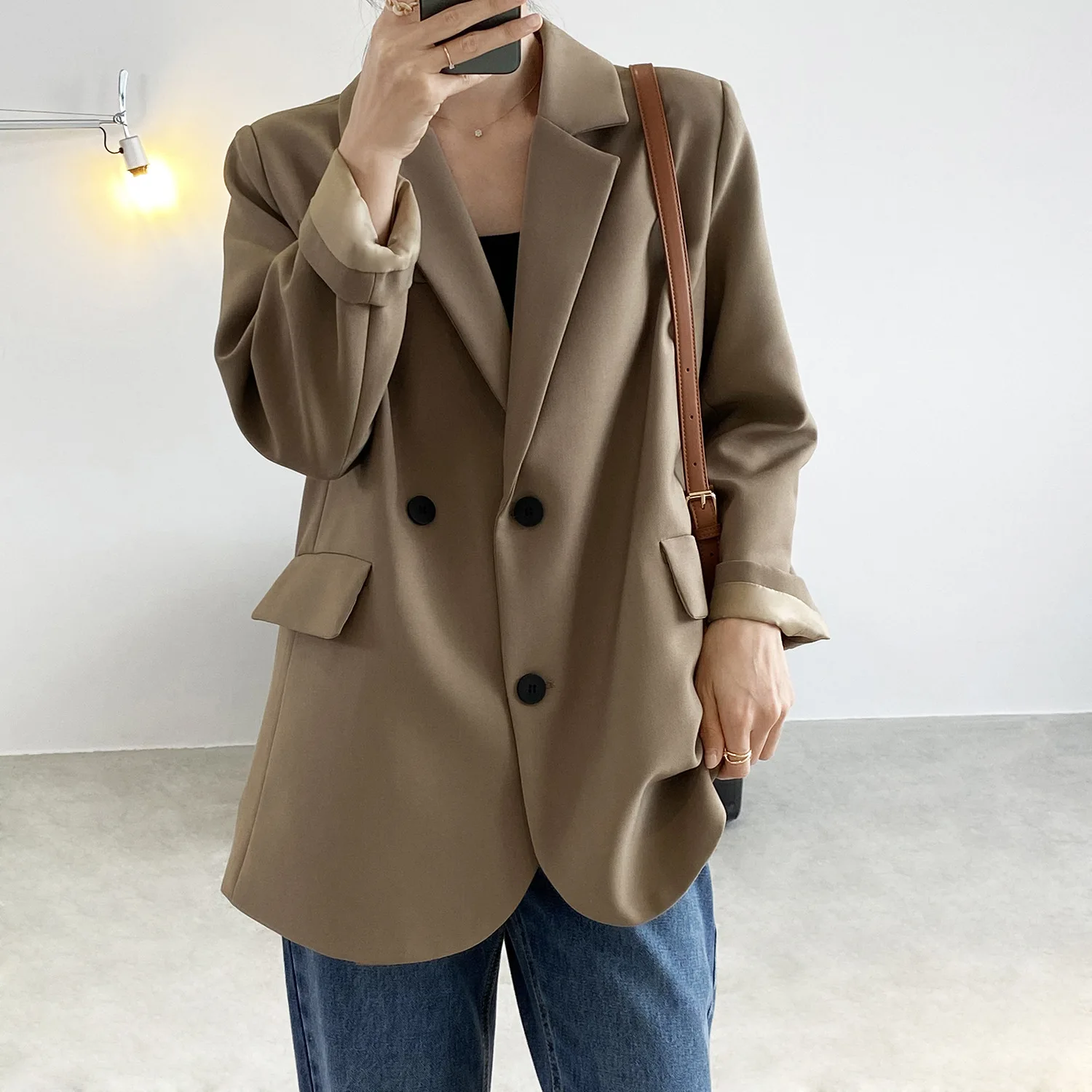 Double Breasted Oversized Black Blazer Women's 2022 Spring Autumn Drape Solid Color Loose Suit Jacket Office Lady 3