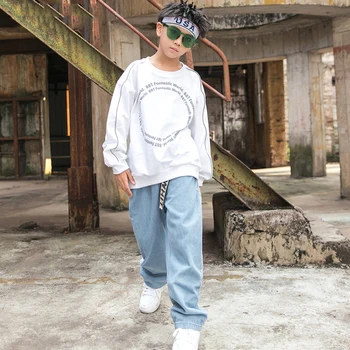 

New Boys And Girls Modern Street Dancing Clothes Kids Long Sleeve White Hip Hop Sweatshirt Children Jazz Dance Costumes VO444