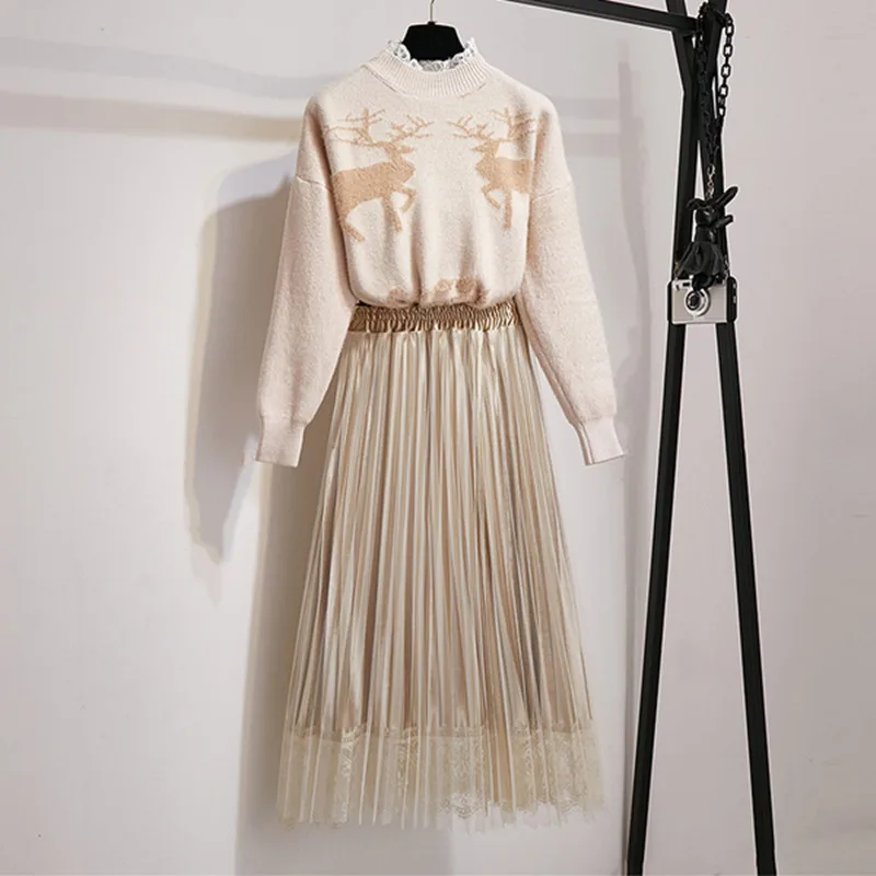 Sweater and Skirt Новинка, свитер с рождественским оленем, женский костюм, женский с кружевной отделкой, полуводолазка, джемпер, топ+ бархатная кружевная Лоскутная длинная юбка, комплект из 2 предметов - Цвет: Sweater and Skirt