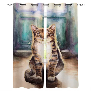 

Animal Art Cat Window Curtains LivingRoom Kitchen Curtains Left and Right Biparting Open