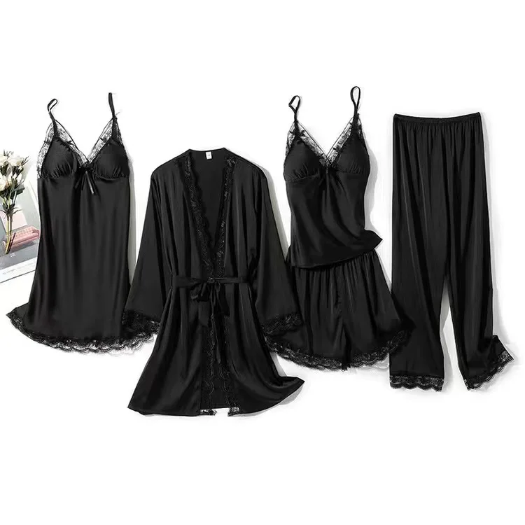 Women Sexy Pajamas 5PCS Satin Sleepwear Pijama Lace Home Wear Home Clothing Embroidery Sleep Lounge Pyjama with Chest Pads