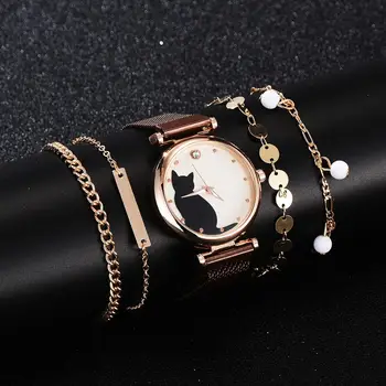

5pcs Set Watches For Women 2020 Fashion Magnet Cat Pattern Pink Watch Women Quartz Wristwatch Ladies Bracelet Watch Dropshipping