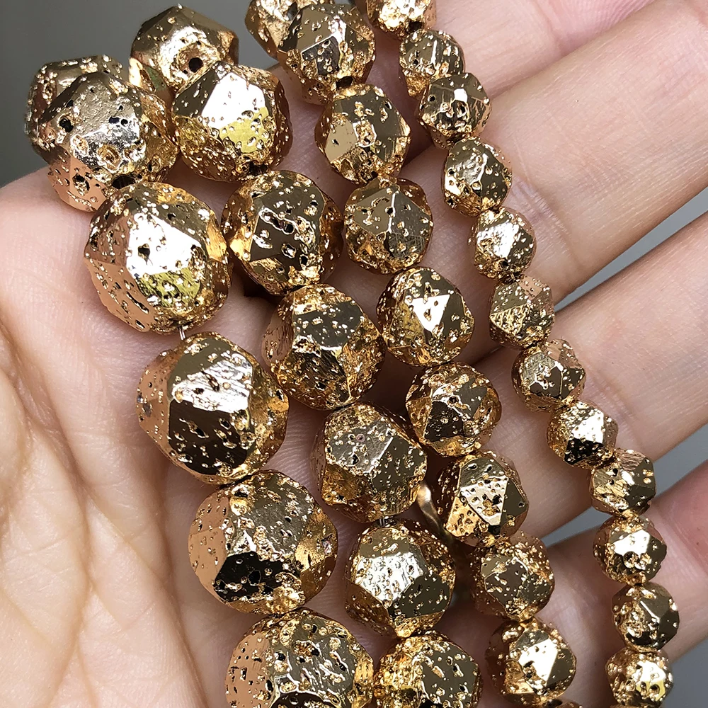 Natural Volcanic Lava Mineral Beads Light Gold Plated Faceted Loose Stone  Beads for Jewelry Making DIY Bracelet 15'' 6 8 10 12mm