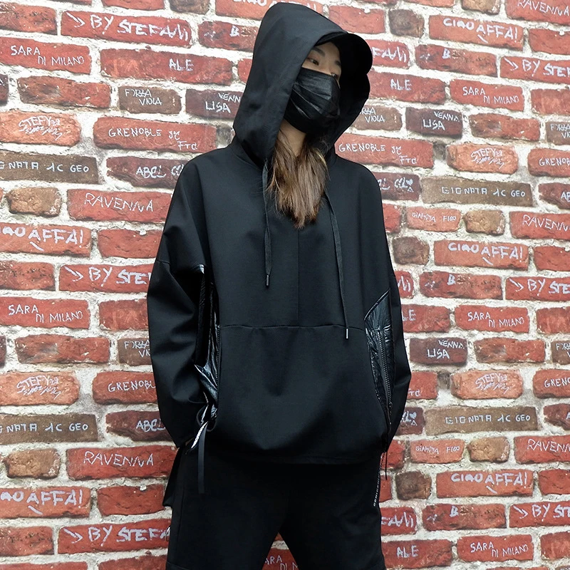 [DEAT] Loose Fit Spliced Pocket Sweatshirt New Hooded Long Batwing Sleeve Women Big Size Fashion Autumn Winter 19L-a108